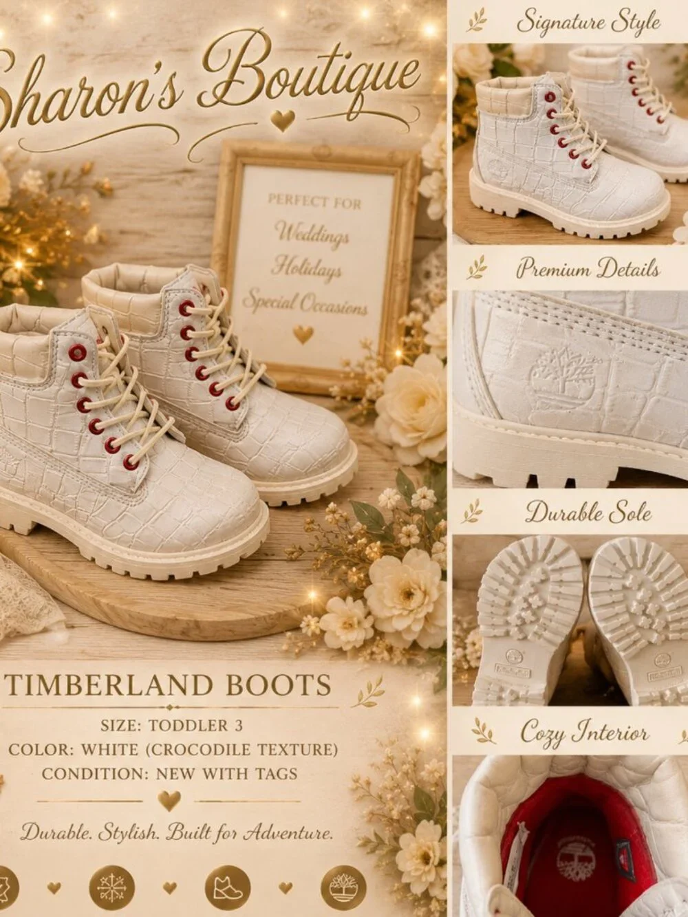 Timberland Premium White Croc Leather Boots Kids Size 12.5 NWOT